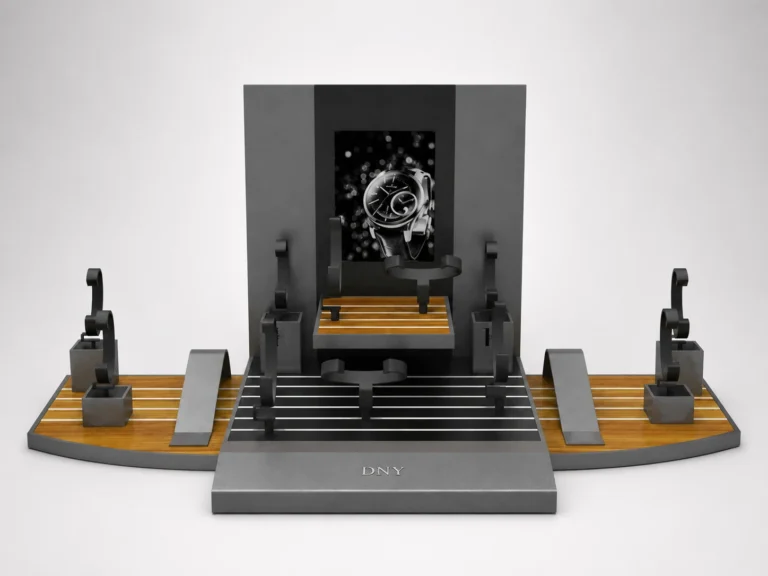 Custom watch display stand set with wood veneer and glossy MDF