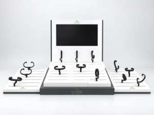 Front view of a custom watch display fitted with black dip-coated metal C-ring holders
