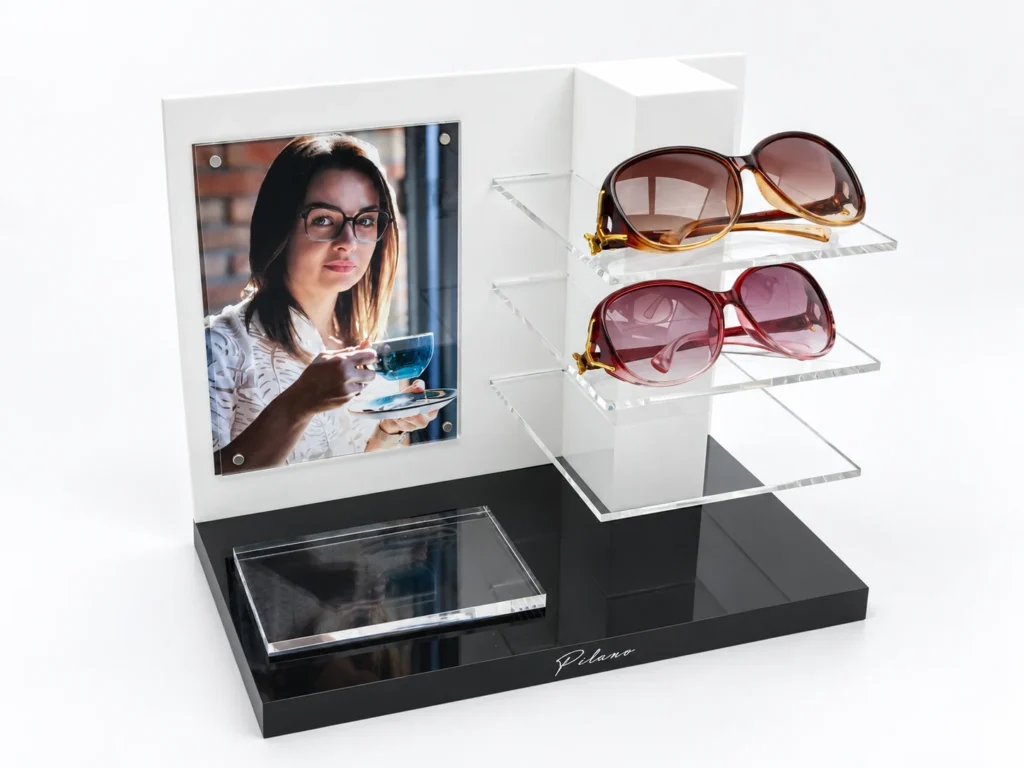 Custom acrylic sunglasses display stand with magnetic poster frame