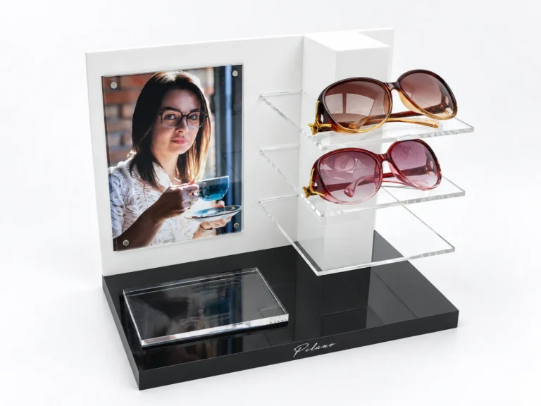 Custom acrylic sunglasses display stand with magnetic poster frame