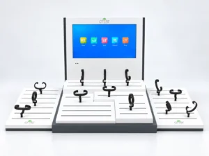 Custom MDF watch display stand with a 15.6-inch LCD screen and adjustable C-ring holders