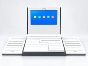White and gray modular watch display with routed slots and aluminum channels