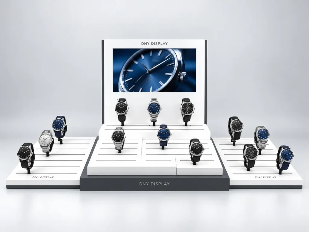Custom retail display with LCD screen and adjustable watch holders