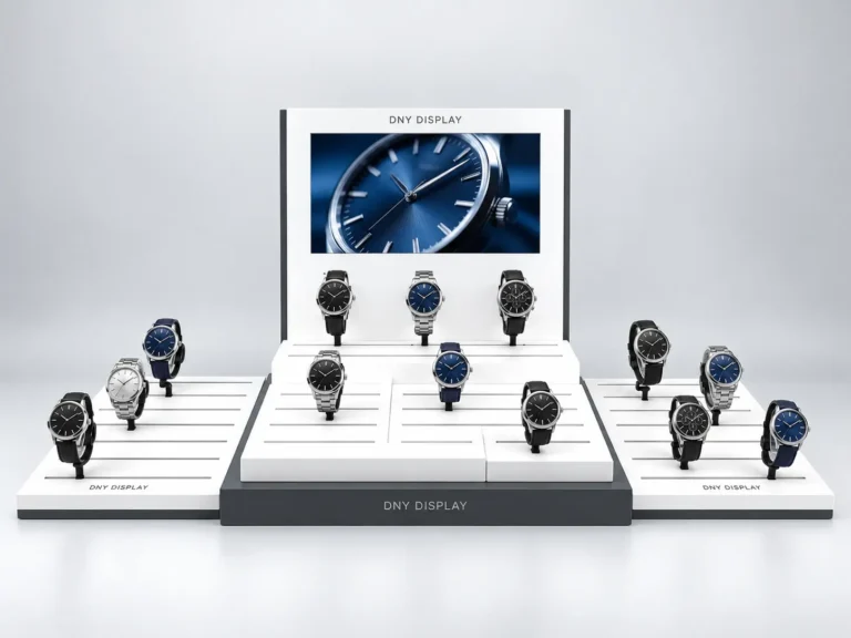 Custom retail display with LCD screen and adjustable watch holders