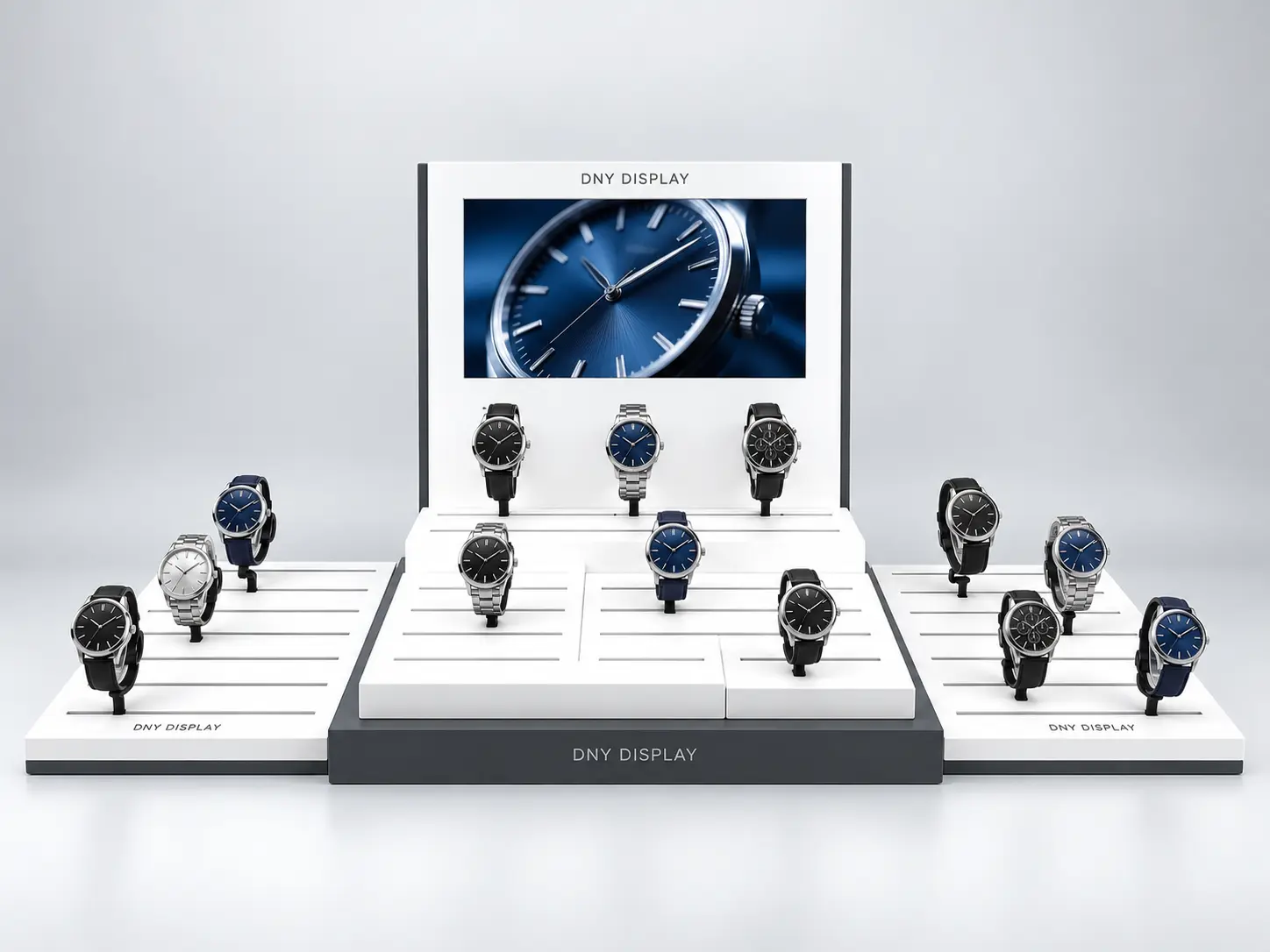 LCD watch display with stepped platforms and retail watch presentation