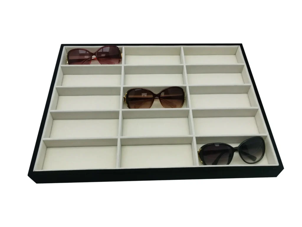 Custom 15-Compartment Velvet Eyewear Display Tray – custom retail display product by DNY DISPLAY
