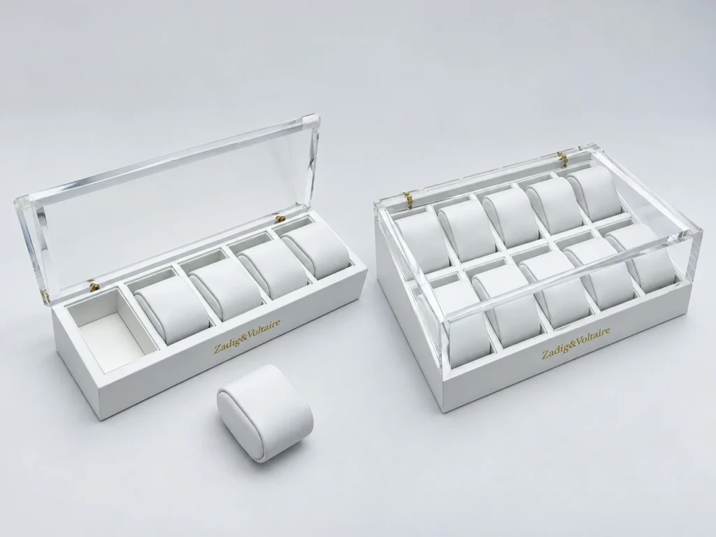 Custom Multi Watch Display Box with Clear Acrylic Lid – custom retail display product by DNY DISPLAY