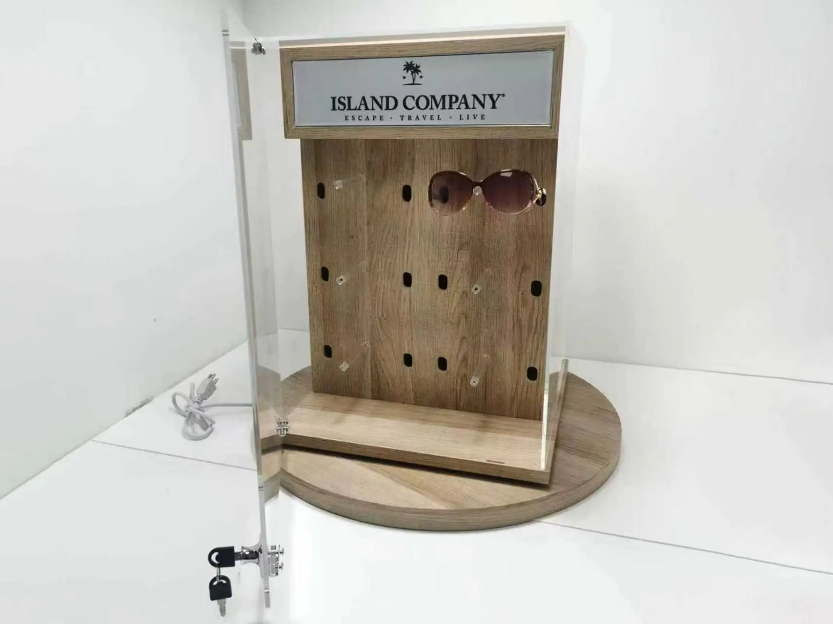 Custom 360° Rotating Eyewear Display Cabinet with Lockable Acrylic Cover